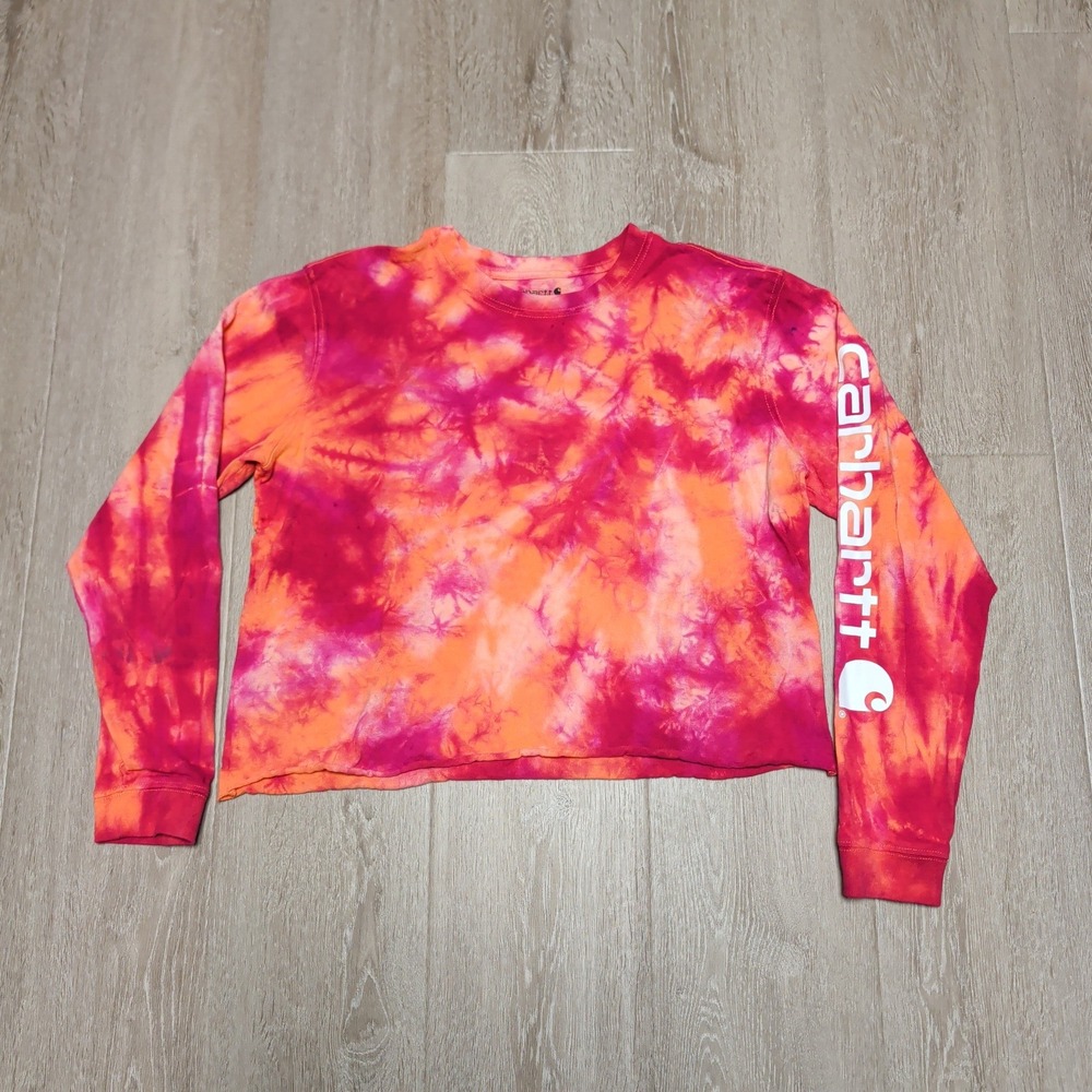 Carhartt Womens Pink Orange Tie Dye Long Sleeve Crop Top Loose Fit Medium M 8-10